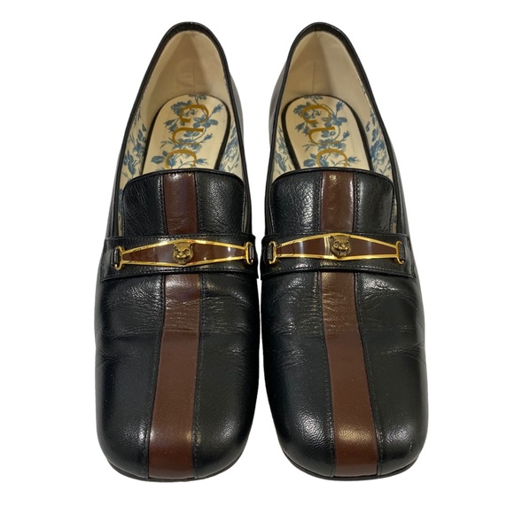 Gucci Black and Brown Leather Heeled Loafers - Picture 1 of 8